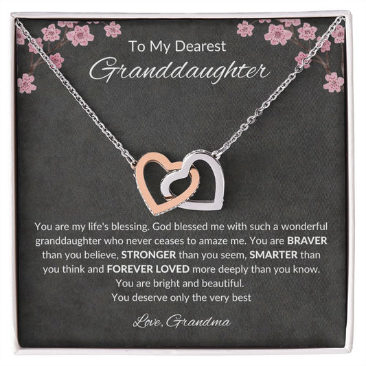 To My Granddaughter From Grandma Interlocking Hearts Necklace (Yellow & White Gold Variants)